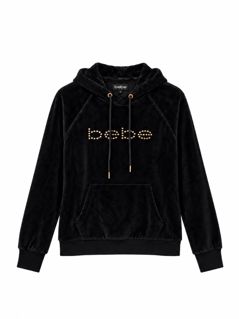 bebe Black Velour Hoodie with Gold Stud Logo Sz. Small